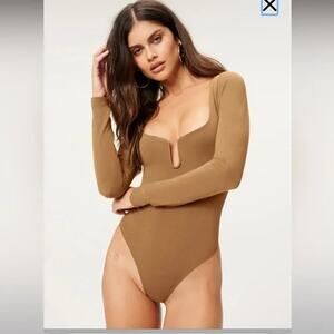Good American Bodysuit Top Deep V-Neck Brown Women's Size 1 S Long Sleeve U-Ring